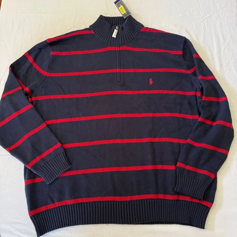 Polo by Ralph Lauren | Classic Striped Quarter Zip Sweater NWT | Navy Red Cotton